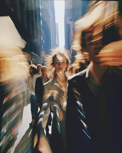 A woman in a city street with the buildings around her blurred by motion